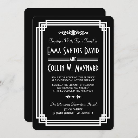 Eenvoudige zwart-wit Art Deco bruiloft uitnodiging (Voorkant / Achterkant)