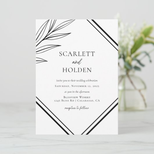 Eenvoudige zwart-wit blad bruiloft kaart (Staand voorkant)