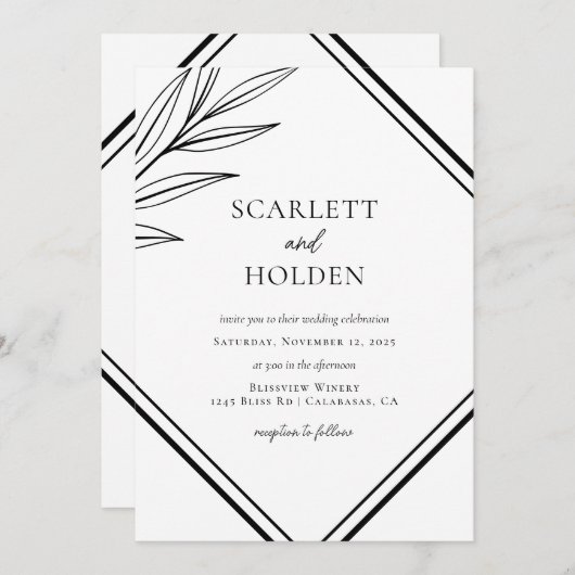 Eenvoudige zwart-wit blad bruiloft kaart (Voorkant / Achterkant)