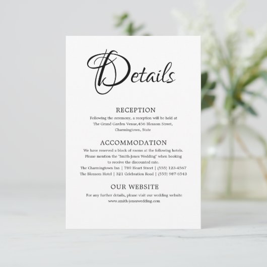 Eenvoudige zwart-wit bruiloft details informatiekaartje (Staand voorkant)
