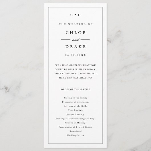 Eenvoudige zwart-wit bruiloft monogram ceremonie programma (Voorkant)