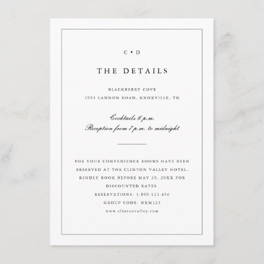 Eenvoudige zwart-wit bruiloft Monogram Details Informatiekaartje (Voorkant)