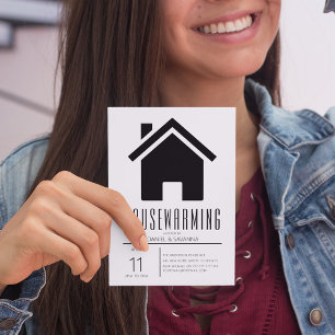 Eenvoudige Zwart-Wit Huis Verwarmingsfeest Uitnodi Kaart