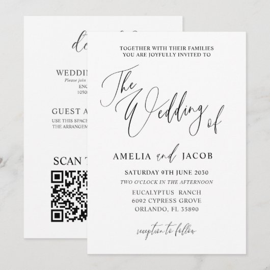 Eenvoudige zwart-wit kalligrafie QR Code Wedding Kaart (Voorkant / Achterkant)