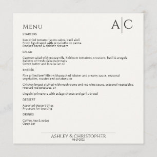 Eenvoudige zwart-wit monogram bruiloft receptie menu