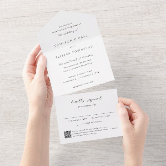 Eenvoudige zwart-wit QR Code Clean Wedding All In One Uitnodiging (Afscheurbaar)
