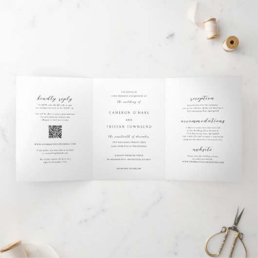 Eenvoudige zwart-wit QR Code Clean Wedding Drieluik Uitnodiging (Binnen)