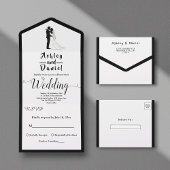 Eenvoudige zwart-wit romantische paar bruiloft all in one uitnodiging