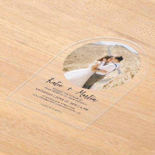 Eenvoudige zwart-wit ronde foto boog bruiloft acryl uitnodigingen (Laagn)