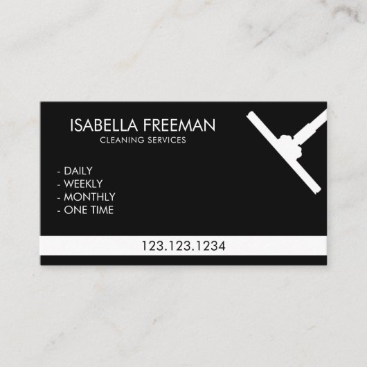 Eenvoudige zwart-wit schoonmaakservice voor huisho visitekaartje (Voorkant)