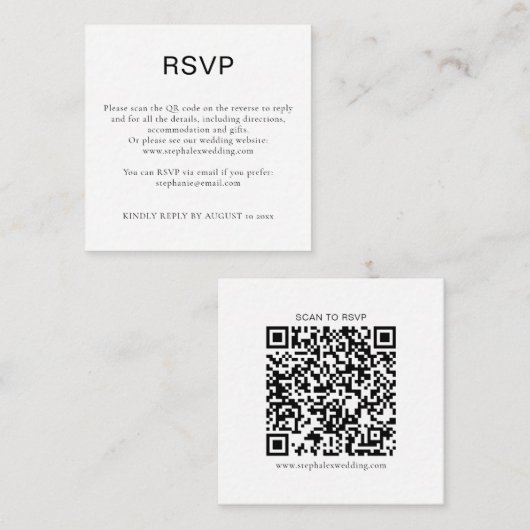 Eenvoudige zwart-wit tekst QR-code RSVP Informatiekaartje (Voorkant / Achterkant)