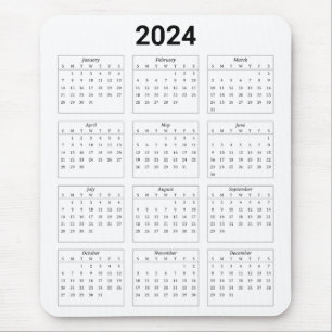 Eenvoudige zwart-wit US 2024 Jaarkalender Muismat