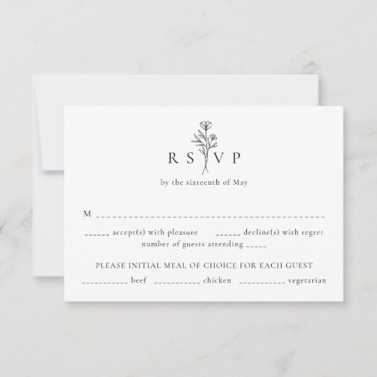Eenvoudige zwart-witte bloemen horizontale bruilof RSVP kaartje (Voorkant)