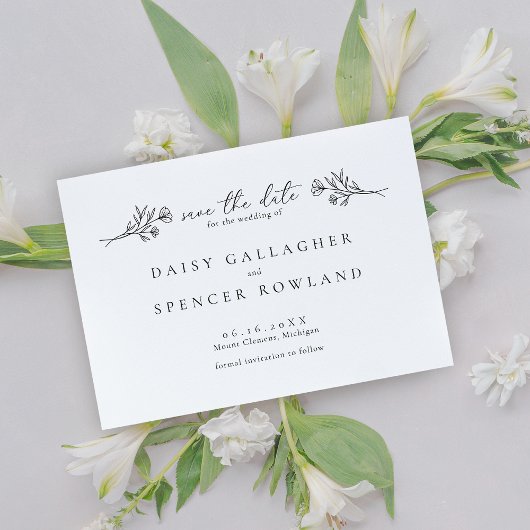 Eenvoudige zwart-witte bloemenbruiloft save the date