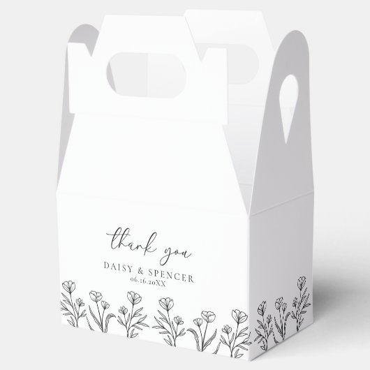 Eenvoudige zwart-witte bloemencontour trouwtafel bedankdoosjes (Geopend)