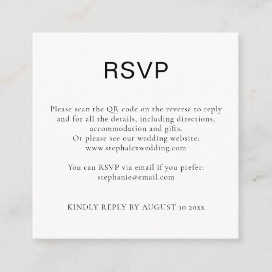 Eenvoudige Zwart Witte Tekst QR-code RSVP Informatiekaartje (Voorkant)