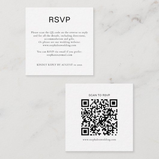 Eenvoudige Zwart Witte Tekst QR-code RSVP Informatiekaartje (Voorkant / Achterkant)