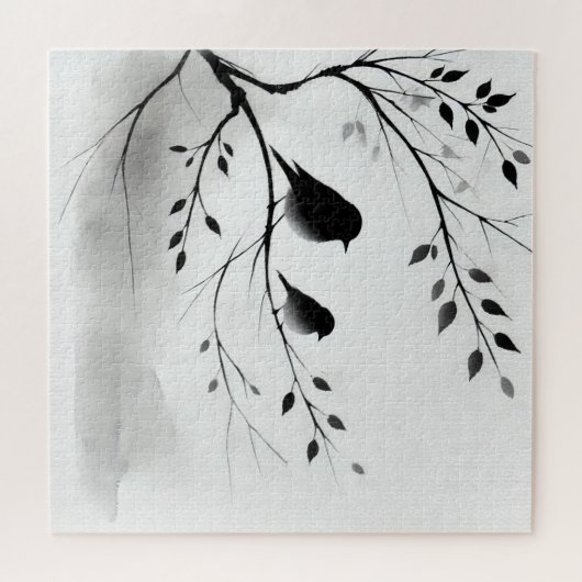 Eenvoudige zwart-witte vogels die in bomen zitten legpuzzel (Horizontaal)