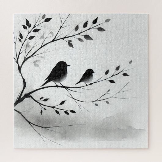 Eenvoudige zwart-witte vogels die in bomen zitten legpuzzel (Verticaal)