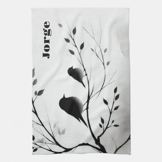 Eenvoudige zwart-witte vogels die in bomen zitten theedoek (Verticaal)