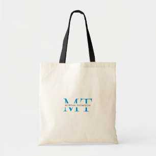Eenvoudige zwarte Aqua Blue Monogram scriptnaam Tote Bag
