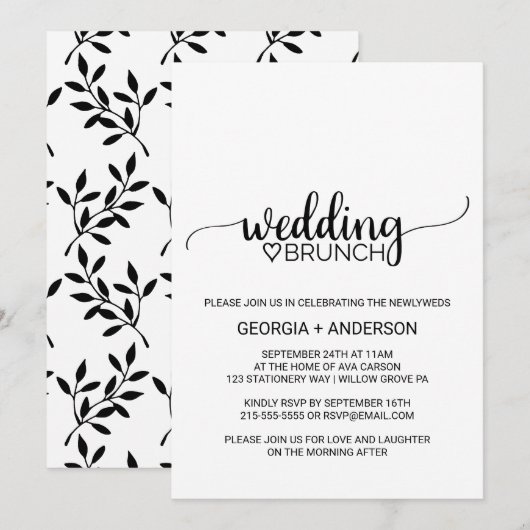 Eenvoudige Zwarte Calligraphy Bruiloftsbrunch Kaart (Voorkant / Achterkant)