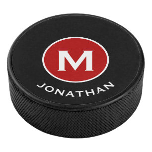 Eenvoudige zwarte Classic Red Monogram naam Hockey Puck