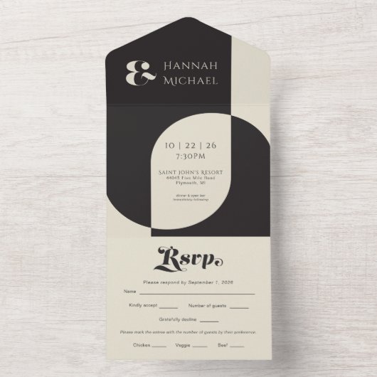 Eenvoudige zwarte crème retro all in one uitnodiging (Binnen)