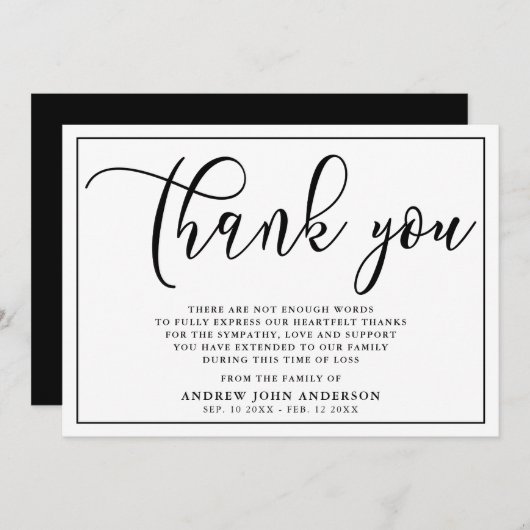 Eenvoudige zwarte en witte begrafenis Hartelijk da Bedankkaart (Voorkant / Achterkant)