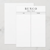 Eenvoudige zwarte en witte Bunco-tabel Tally Kaart (Voorkant / Achterkant)