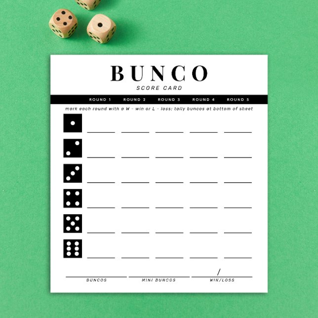 Eenvoudige zwarte en witte vierronde Bunco-smartca (black and white Bunco dice game score card)