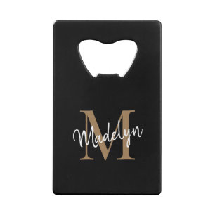Eenvoudige zwarte goudmonogram Elegant Script Name Kredietkaart Flessenopener