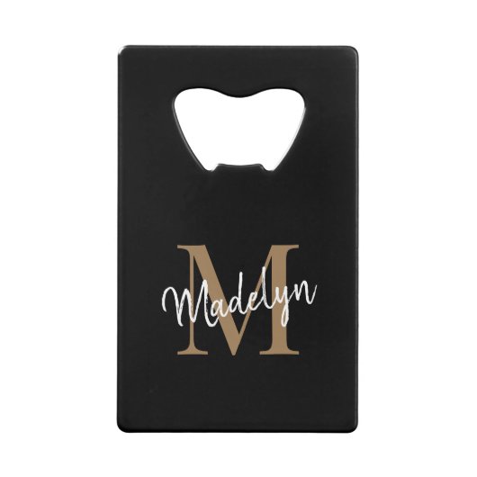 Eenvoudige zwarte goudmonogram Elegant Script Name Kredietkaart Flessenopener (Voorkant)