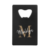 Eenvoudige zwarte goudmonogram Elegant Script Name Kredietkaart Flessenopener (Achterkant)