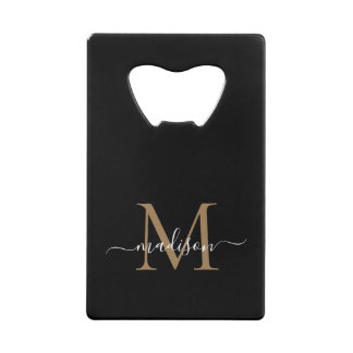 Eenvoudige zwarte goudmonogram Elegant Script Name Kredietkaart Flessenopener