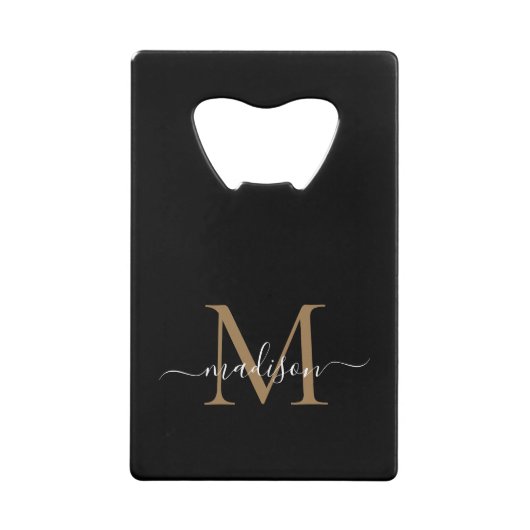 Eenvoudige zwarte goudmonogram Elegant Script Name Kredietkaart Flessenopener (Voorkant)