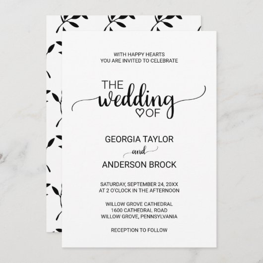 Eenvoudige zwarte kalligrafie bruiloft kaart (Voorkant / Achterkant)