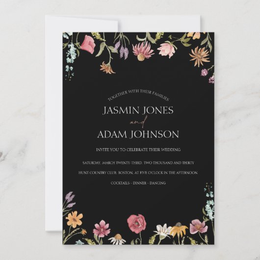 Eenvoudige zwarte kleurrijke wilde bloemen bruilof kaart (Voorkant)