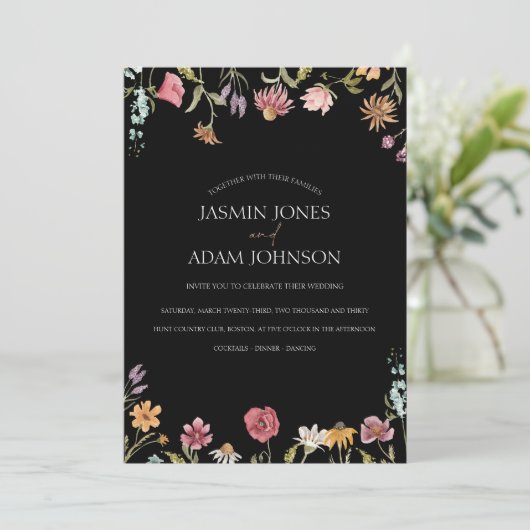 Eenvoudige zwarte kleurrijke wilde bloemen bruilof kaart (Staand voorkant)