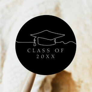 Eenvoudige zwarte lijn Art Graduation Cap Ronde Sticker