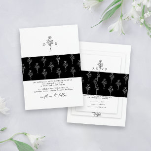 Eenvoudige zwarte minimalistische bloemenpatroon b uitnodigingen wikkel