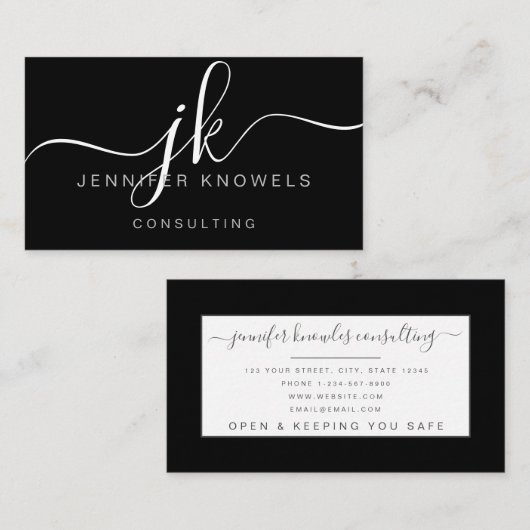 Eenvoudige zwarte monogram-scriptconsultant Open C Visitekaartje (Voorkant / Achterkant)