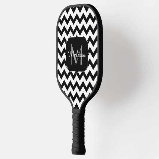 Eenvoudige zwarte witte chevron patroonlijnen Mono Pickleball Paddle (Links)