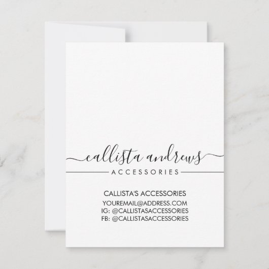 Eenvoudige Zwarte Witte Script Sieraden Verzorging Notitiekaartje (Achterkant)