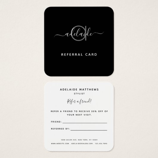 Eenvoudige zwarte zwarte witte monogram verwijzing vierkante visitekaartjes (Voorkant /achterkant)