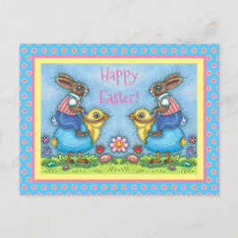 EENVOUDIGERE BUNNY RIDING CUTE CHICK IN BLAUWE EGG FEESTDAGENKAART
