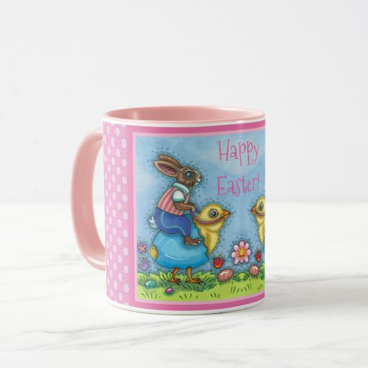 EENVOUDIGERE BUNNY RIDING CUTE CHICK IN BLAUWE EGG MOK (Voorkant links)