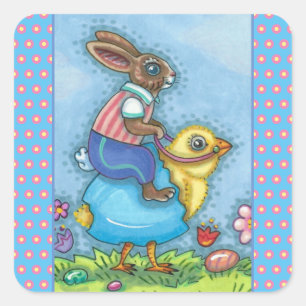 EENVOUDIGERE BUNNY RIDING CUTE CHICK IN BLAUWE EGG VIERKANTE STICKER