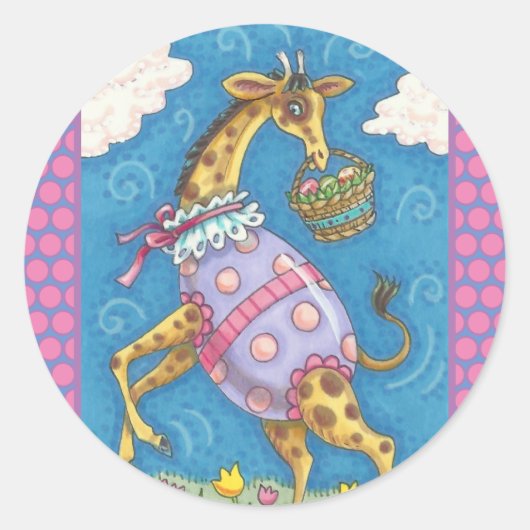 EENVOUDIGERE EGG-GIRAFFE EN TULIPS, SPRINGSTICKERS RONDE STICKER (Voorkant)