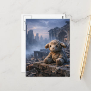Eenzaam klein knuffelschaap verlaten apocalyptisch briefkaart